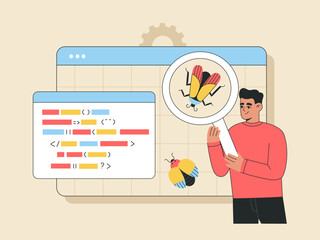 IT specialist testing software in search of bugs. Development, coding and problem identification. Hand drawn vector illustration isolated on light background, modern flat cartoon style