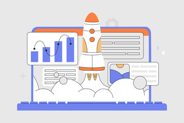 Space rocket launch with graphs and charts on laptop screen. Successful business start up, launching new project. Hand drawn vector illustration isolated on light background, modern flat cartoon style