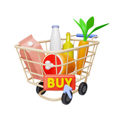 3D Shopping cart and food with buy button. food delivery concept from online store. icon isolated on white background. 3d rendering illustration. Clipping path.