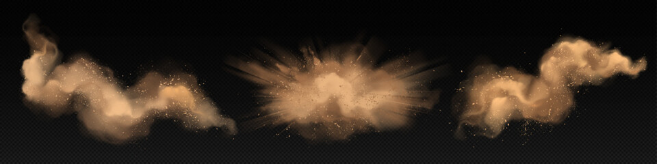 Sand explosion with dirt and cloud smoke vector. Isolated storm effect in desert on transparent background. Brown sandstorm splash with wind texture. Dirty ground abstract spread with flying particles