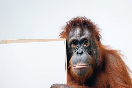 Cute orangutan monkey with empty clean white cardboard sign in hands. Poster template with copy space. Zoo illustration. AI generative image.