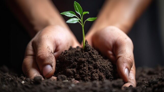 Close up human's hands with soil and fresh spring sprout. New beginning concept with young plant. Organic life illustration. AI generative image.