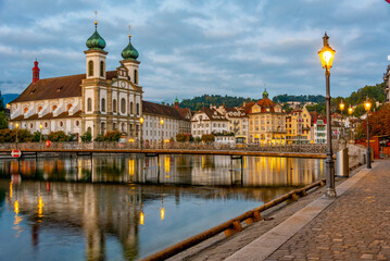 Night view of Saint Francis Xavier church at Swiss town Luzern