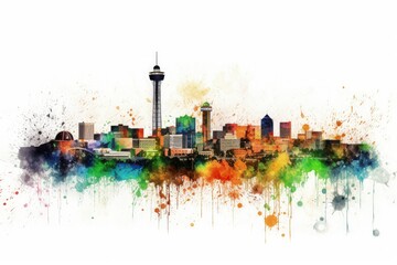 colorful watercolor painting of a city skyline against a white background created with Generative AI technology