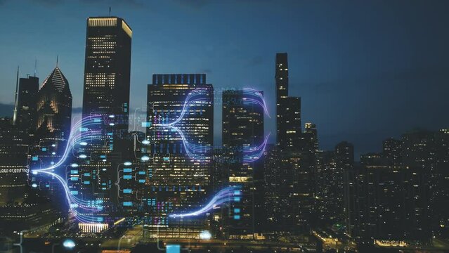 Tech, data grid building on urban skyscraper background - Motion graphics render