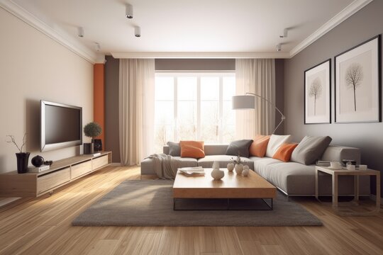 cozy living room with modern furniture and entertainment system created with Generative AI technology