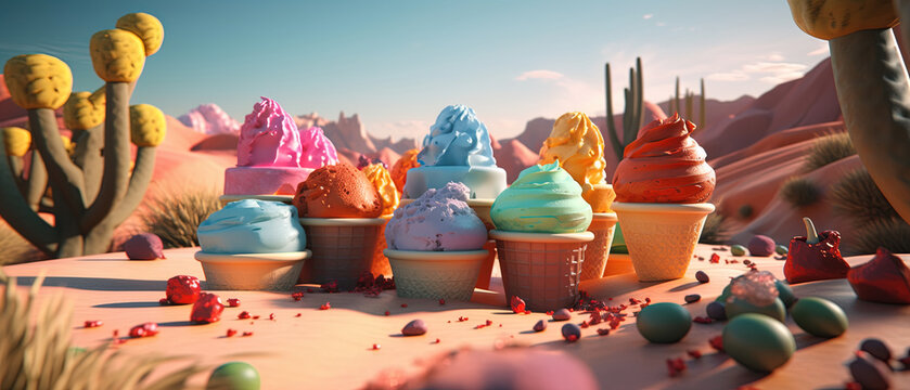 3D illustration of ice cream treats set against a desert oasis backdrop