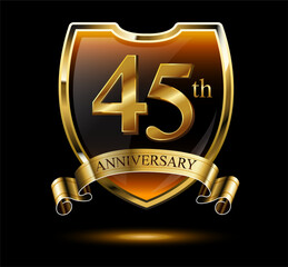 Anniversary 45. gold 3d numbers and shield. Celebrating poster