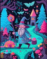 a hand-drawn digital contemporary illustration of an old and grey wizard walking towards an enchanted forest 