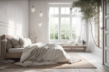 serene and minimalist white bedroom with a large window and a comfortable bed created with Generative AI technology