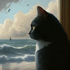 Cat standing near the window enjoying the sea