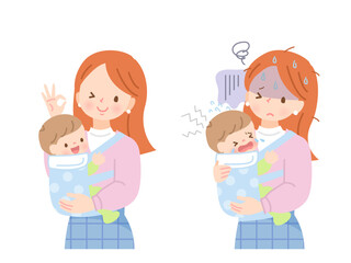 赤ちゃんを抱っこする若いママの表情セット