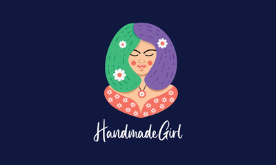 Vector handmade fashion digital sketch background with portrait beautiful young girl for beauty logo