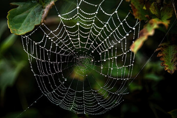 spider web covered with dew drops on a bush created with Generative AI technology