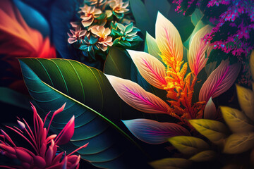 tropical plants in magnificent colors created with Generative AI technology