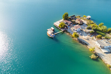 Obraz na płótnie Canvas Aerial view of a fishing harbor at green canyon lake, near Manavgat in Turkey