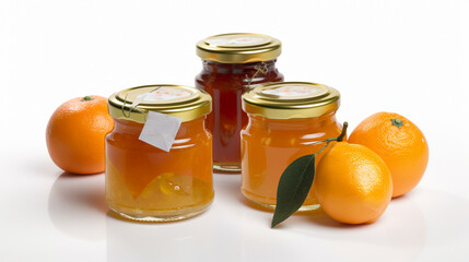 Fototapeta na wymiar Orange Marmalade jam with oranges Jars on white background with Generative AI