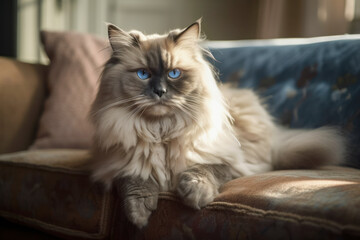 Ragdoll cat sitting and lying on couch looking at camera, AI, Generative AI