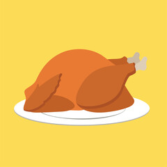 Thanksgiving turkey on a plate. Vector illustration in flat style.