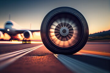 close-up of a plane's wheel, with blurred background of runway and airport, created with generative ai