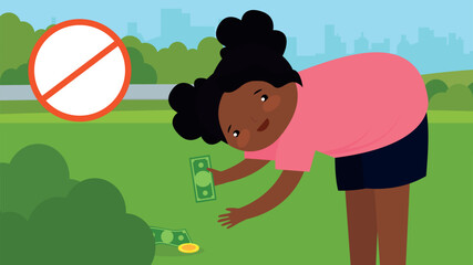 African American Girl picks up money in the park. Vector illustration in flat style