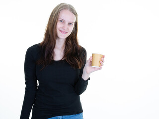 woman presenting unbranded empty brown carton paper hot drink mock up
