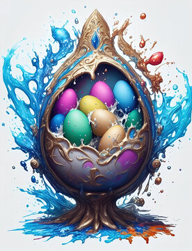Abstract artwork of Easter colorful eggs in big one epic egg in color water splash. Generative AI