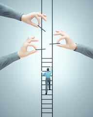 Man climbs a ladder. Financial support and helping hand concept. - obrazy, fototapety, plakaty
