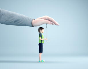 A hand covering the head in the shape of an umbrella. Protection concept.