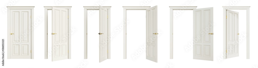 Aufkleber set of white doors in various stages of opening, isolated on transparent background. 3d render. clip