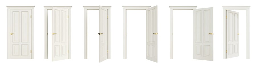Set of white doors in various stages of opening, isolated on transparent background. 3D render. Clipping path included. - 586053321