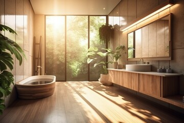 Fototapeta premium modern bathroom with a freestanding tub, double sink, and floor-to-ceiling window created with Generative AI technology