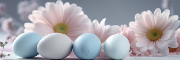 Easter banner header with copy space. Easter blue and pink eggs and spring flowers. Photorealistic illustration generative AI.