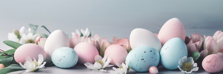 Easter banner header with copy space. Easter blue and pink eggs and spring flowers. Photorealistic illustration generative AI.