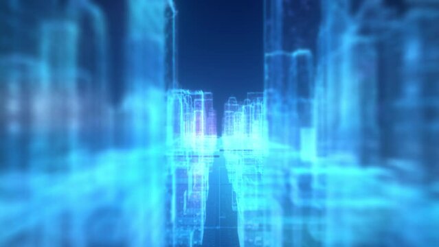 Blue technology digital city, technology wireframe buildings, city promotional video, technology building holographic projection.