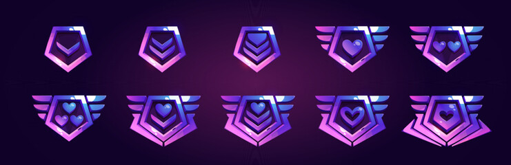 Military game insignia rank badge cartoon vector illustration. Isolated purple medal with heart for level achievement on dark background. 3d shield label for progress evolution emblem or reward. © klyaksun