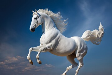 Obraz na płótnie Canvas White horse with a long mane is galloping in the sky created with Generative AI technology