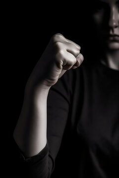 dark photo of woman threatening with fist, made with generative ai