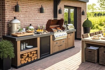 outdoor summer kitchen with long barbecue and table with dishes, created with generative ai - 586054926