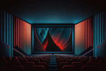 Empty futuristic cinema with red and blue lights. Generative AI digital illustration.