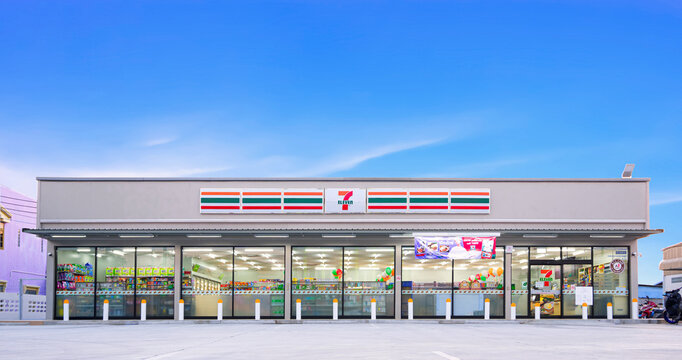 Samut Sakhon, Thailand - March 27, 2023 : Panoramic view of large 7-11 convenience store is undergoing interior decoration and product placement to be open for service in the next few days
