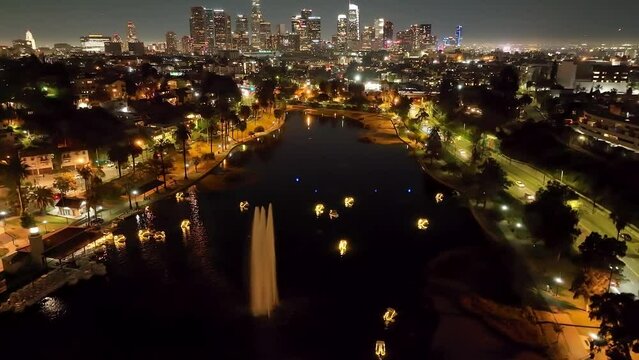 Echo Park Lake and Downtown Los Angeles at Night, California USA, Aerial View, Establishing Drone Shot