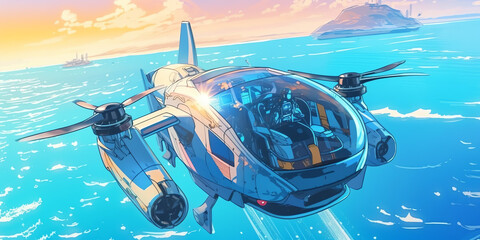 A futuristic anime style airship cruises over the ocean in widescreen format created using generative AI technology