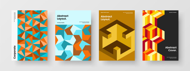 Fototapeta premium Abstract geometric tiles company brochure illustration bundle. Trendy handbill vector design layout composition.
