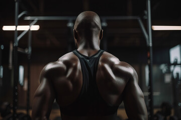 Fototapeta na wymiar Bald black male athlete in gym, rear view of muscular sweaty bodybuilder at training indoors. Generative AI