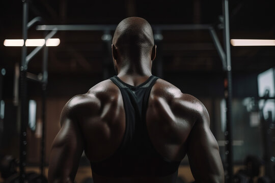 Bald black male athlete in gym, rear view of muscular sweaty bodybuilder at training indoors. Generative AI