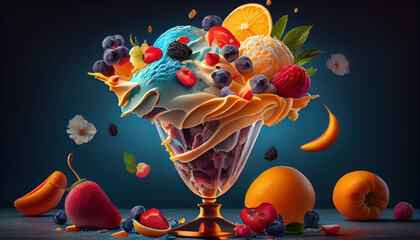 Delicious Luxury Colorful Fruits Ice Cream With Chocolate Syrup in Cone on Dark Background AI Generative