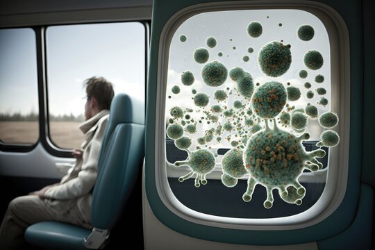 Person, Boarding Bus For Long Trip, With View Of Bacteria Multiplying On Seat, Created With Generative Ai