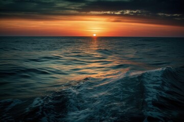 Naklejka na ściany i meble boat sailing into the sunset over the ocean created with Generative AI technology