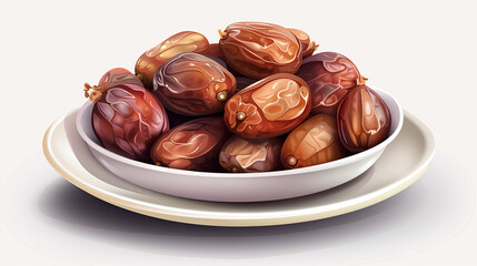 Date Palm Fruit Food Brown Nut Sweet In Plate Vector Illustration With White Background, Generative Ai